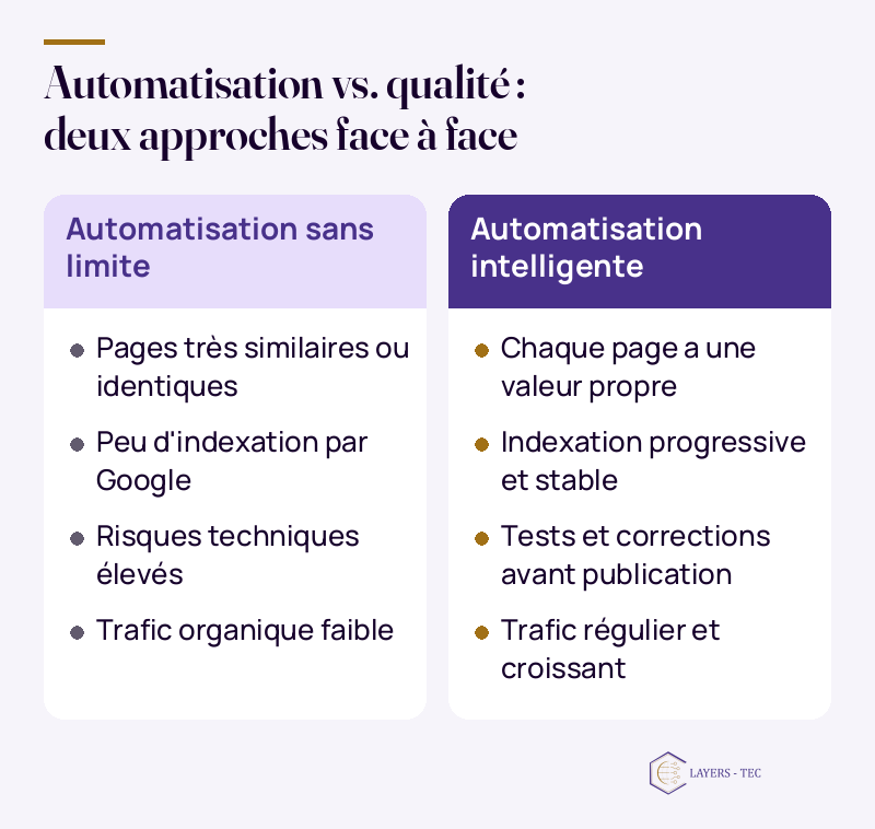 Automatisation vs. qualit&eacute; : deux approches face &agrave; face : Automatisation sans limite ; Pages tr&egrave;s similaires ou identiques ; Peu d'indexation par Google ; Risques techniques &eacute;lev&eacute;s ; Trafic organique faible ; Automatisation intelligente ; Chaque page a une valeur propre ; Indexation progressive et stable ; Tests et corrections avant publication ; Trafic r&eacute;gulier et croissant