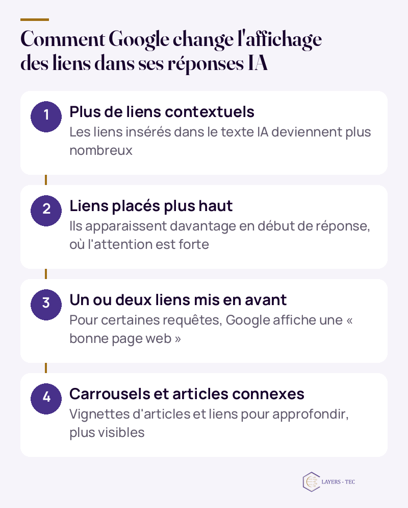 Comment Google change l'affichage des liens dans ses r&eacute;ponses IA : Plus de liens contextuels ; Les liens ins&eacute;r&eacute;s dans le texte IA deviennent plus nombreux ; Liens plac&eacute;s plus haut ; Ils apparaissent davantage en d&eacute;but de r&eacute;ponse, o&ugrave; l'attention est forte ; Un ou deux liens mis en avant ; Pour certaines requ&ecirc;tes, Google affiche une &laquo; bonne page web &raquo; ; Carrousels et articles connexes ; Vignettes d'
